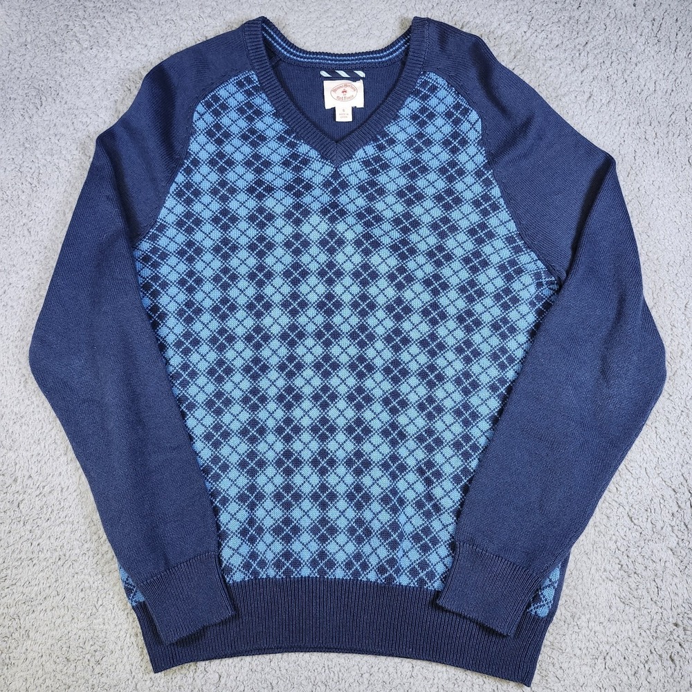 BROOKS BROTHERS Red Fleece V Neck Argyle Sweater Size Small Cotton Cashmere